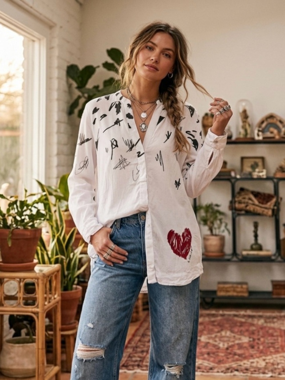 Desigual “Learn” White Tunic Shirt Blouse Red Heart & Black Sketch Print S/M